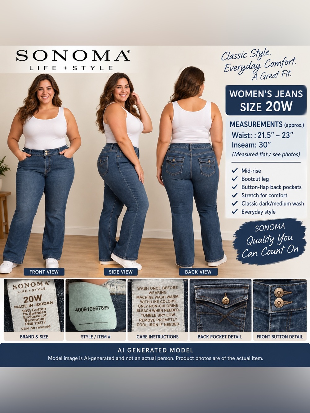 Sonoma Life + Style Woman Bootcut Jeans Blue 20W Flap Pockets